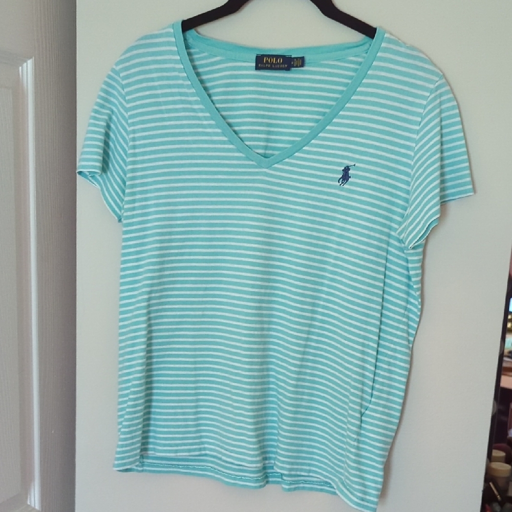 Polo by Ralph Lauren Women's Aqua Striped V-Neck Tee
